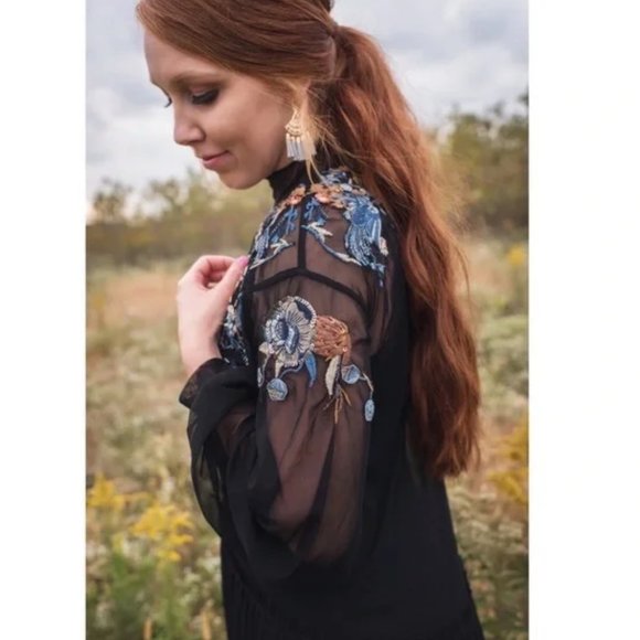 NEW Free People Sheer Delight Embroidered Black Maxi Top Size Medium - Picture 3 of 13